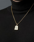 Gold Shogi Pendant - On Gold Box Chain - On model