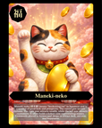 Maneki-neko cat with gold coin on a pink background