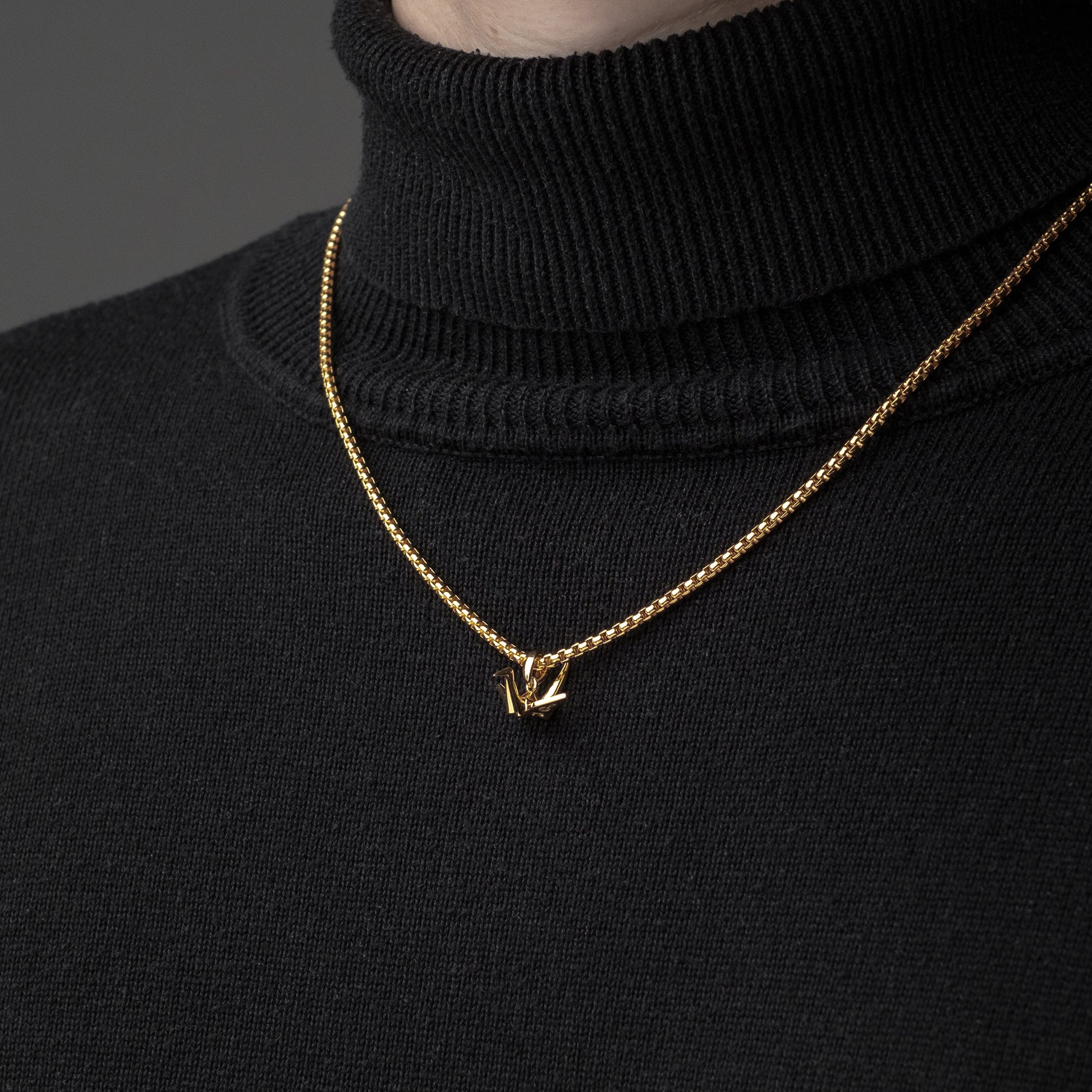 Gold Crane Pendant with Gold Box Chain - Model