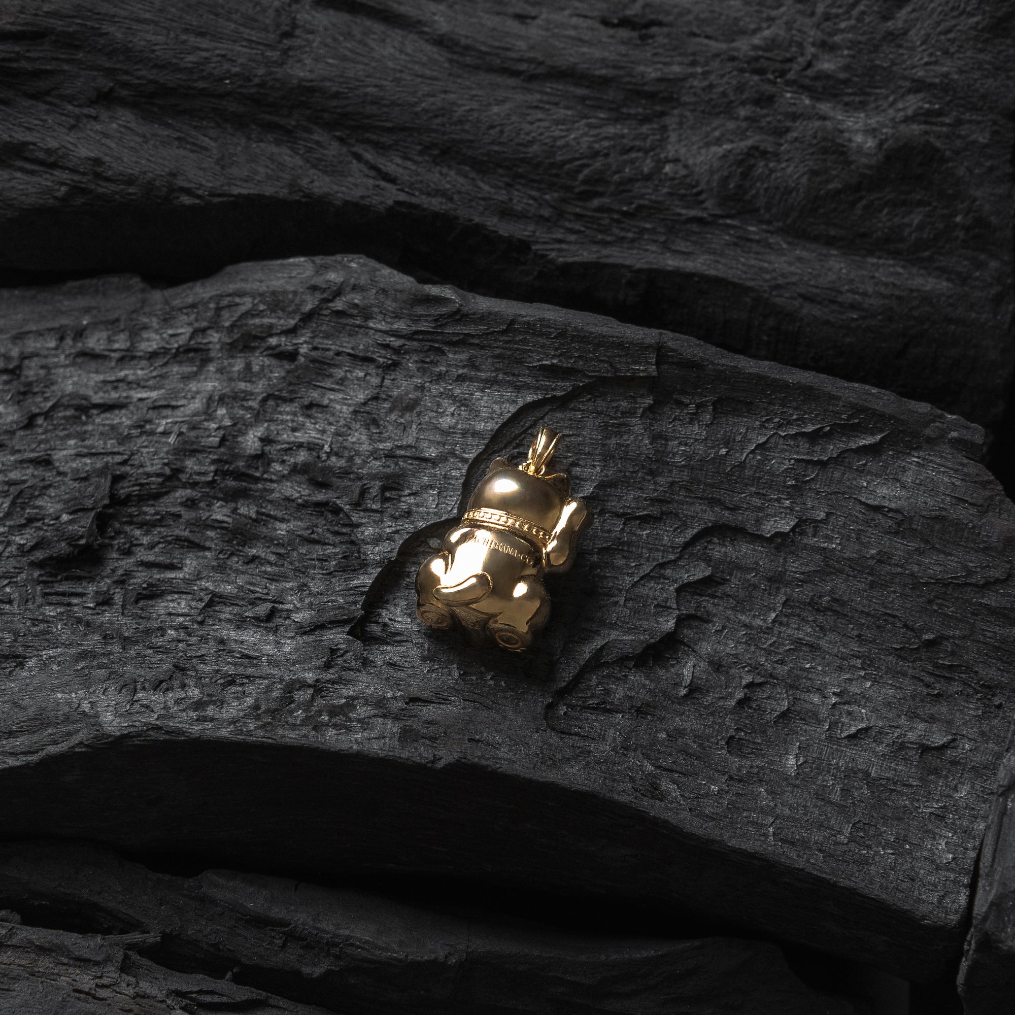 Gold beetle pendant on a dark stone surface